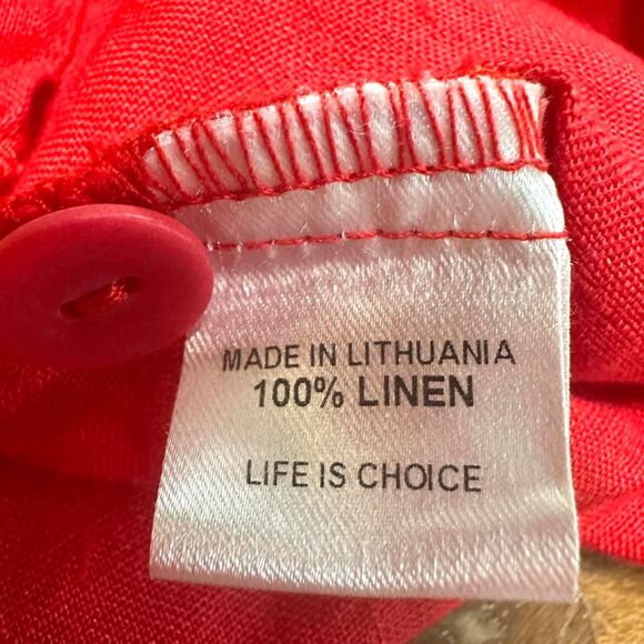 FLAX 100% Linen Red Boxy Blouse 3/4 Sleeves Button Womens P Relaxed Lagum Beach - Picture 7 of 7